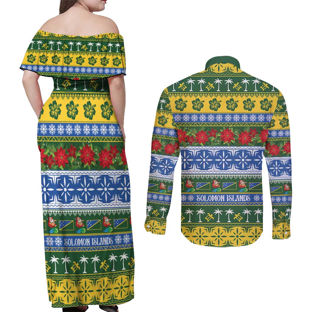 Solomon Islands Christmas Couples Matching Off Shoulder Maxi Dress and Long Sleeve Button Shirt The Solomons Melanesian Meri Krismas LT14 - Polynesian Pride
