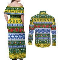 Solomon Islands Christmas Couples Matching Off Shoulder Maxi Dress and Long Sleeve Button Shirt The Solomons Melanesian Meri Krismas LT14 - Polynesian Pride