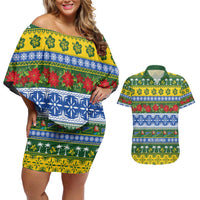 Solomon Islands Christmas Couples Matching Off Shoulder Short Dress and Hawaiian Shirt The Solomons Melanesian Meri Krismas LT14 Green - Polynesian Pride