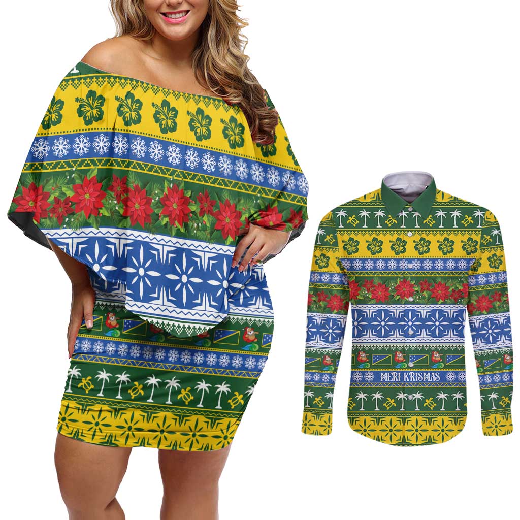Solomon Islands Christmas Couples Matching Off Shoulder Short Dress and Long Sleeve Button Shirt The Solomons Melanesian Meri Krismas LT14 Green - Polynesian Pride