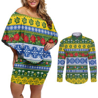 Solomon Islands Christmas Couples Matching Off Shoulder Short Dress and Long Sleeve Button Shirt The Solomons Melanesian Meri Krismas LT14 Green - Polynesian Pride