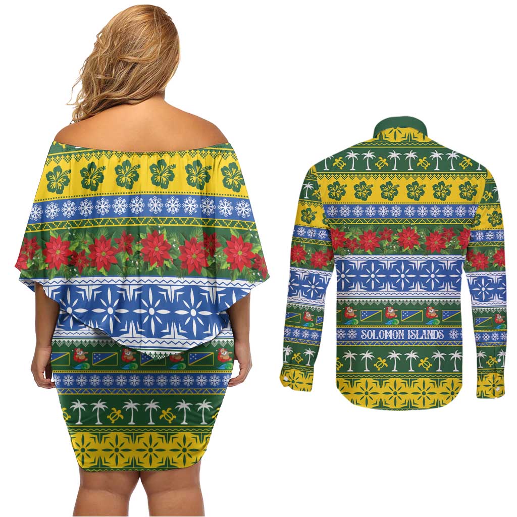 Solomon Islands Christmas Couples Matching Off Shoulder Short Dress and Long Sleeve Button Shirt The Solomons Melanesian Meri Krismas LT14 - Polynesian Pride
