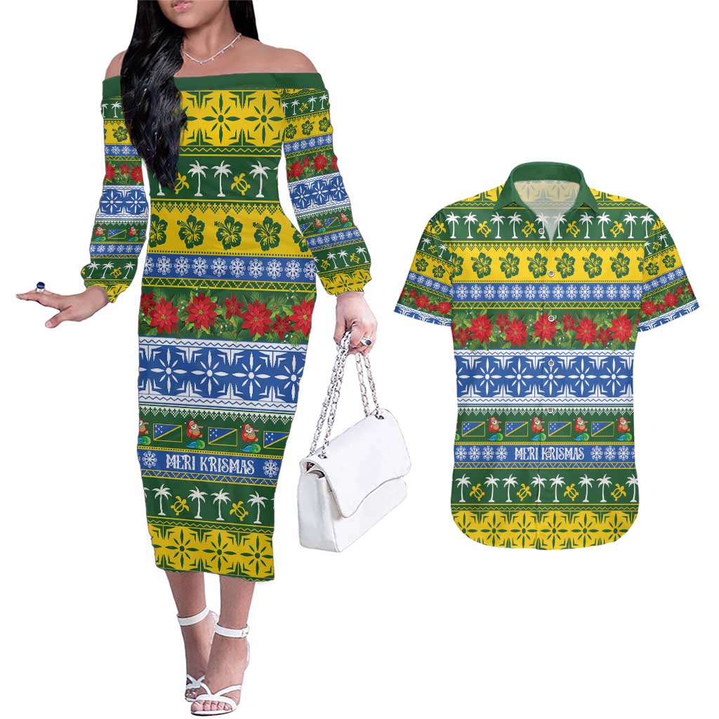 Solomon Islands Christmas Couples Matching Off The Shoulder Long Sleeve Dress and Hawaiian Shirt The Solomons Melanesian Meri Krismas LT14 Green - Polynesian Pride
