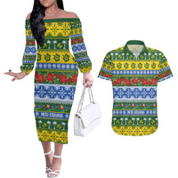 Solomon Islands Christmas Couples Matching Off The Shoulder Long Sleeve Dress and Hawaiian Shirt The Solomons Melanesian Meri Krismas LT14 Green - Polynesian Pride