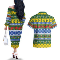 Solomon Islands Christmas Couples Matching Off The Shoulder Long Sleeve Dress and Hawaiian Shirt The Solomons Melanesian Meri Krismas LT14 - Polynesian Pride