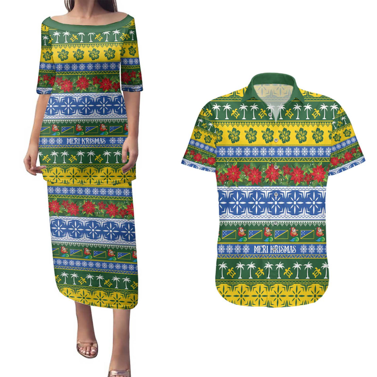 Solomon Islands Christmas Couples Matching Puletasi and Hawaiian Shirt The Solomons Melanesian Meri Krismas LT14 Green - Polynesian Pride