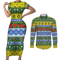 Solomon Islands Christmas Couples Matching Short Sleeve Bodycon Dress and Long Sleeve Button Shirt The Solomons Melanesian Meri Krismas LT14 Green - Polynesian Pride