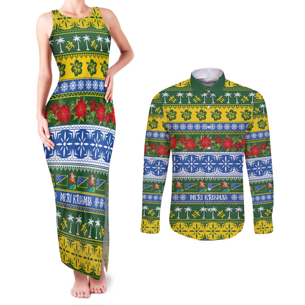 Solomon Islands Christmas Couples Matching Tank Maxi Dress and Long Sleeve Button Shirt The Solomons Melanesian Meri Krismas LT14 Green - Polynesian Pride