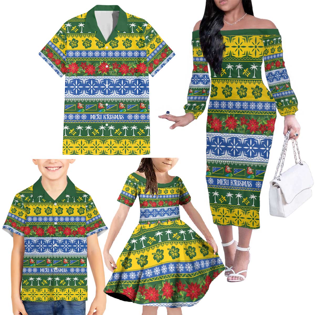 Solomon Islands Christmas Family Matching Off The Shoulder Long Sleeve Dress and Hawaiian Shirt The Solomons Melanesian Meri Krismas LT14 - Polynesian Pride