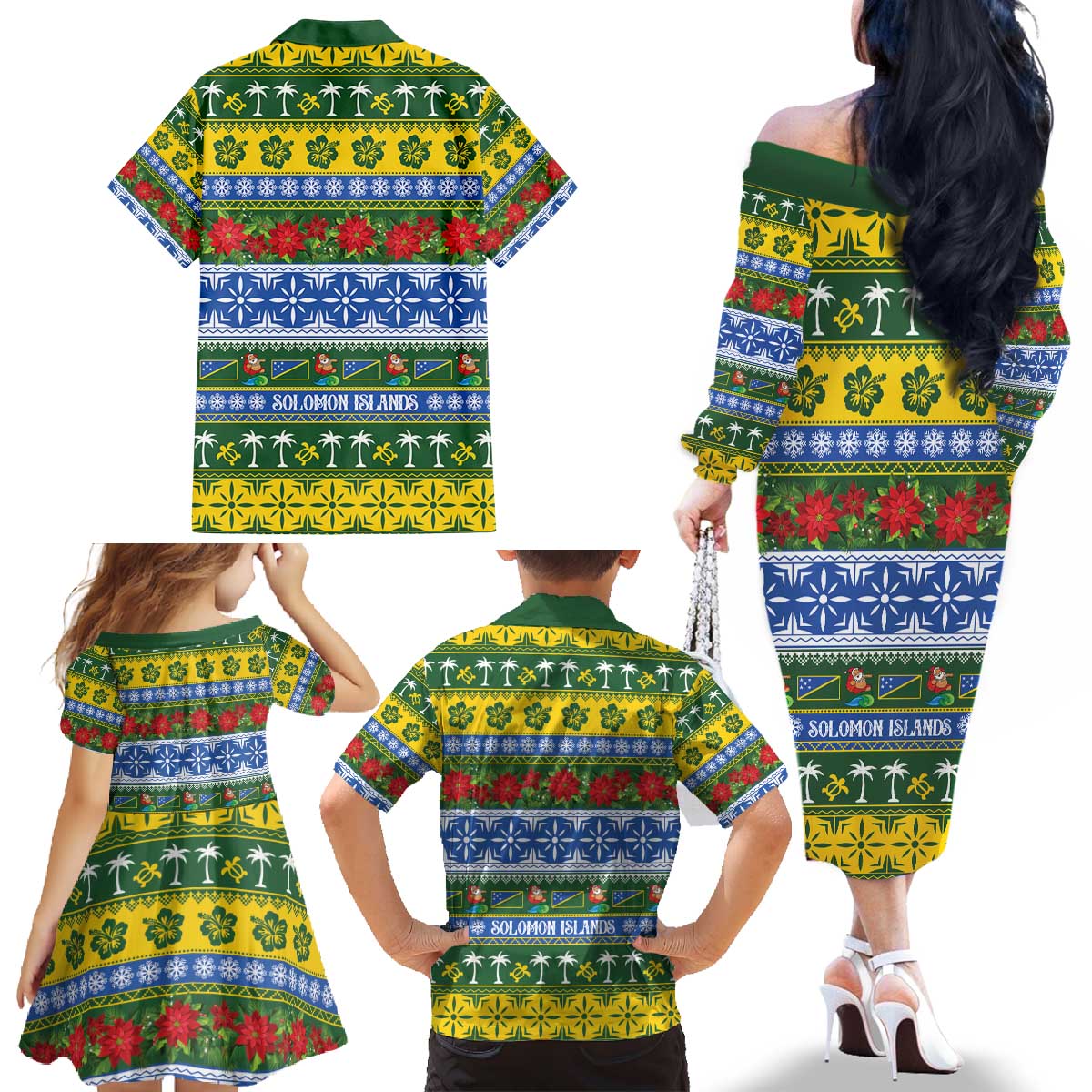 Solomon Islands Christmas Family Matching Off The Shoulder Long Sleeve Dress and Hawaiian Shirt The Solomons Melanesian Meri Krismas LT14 - Polynesian Pride