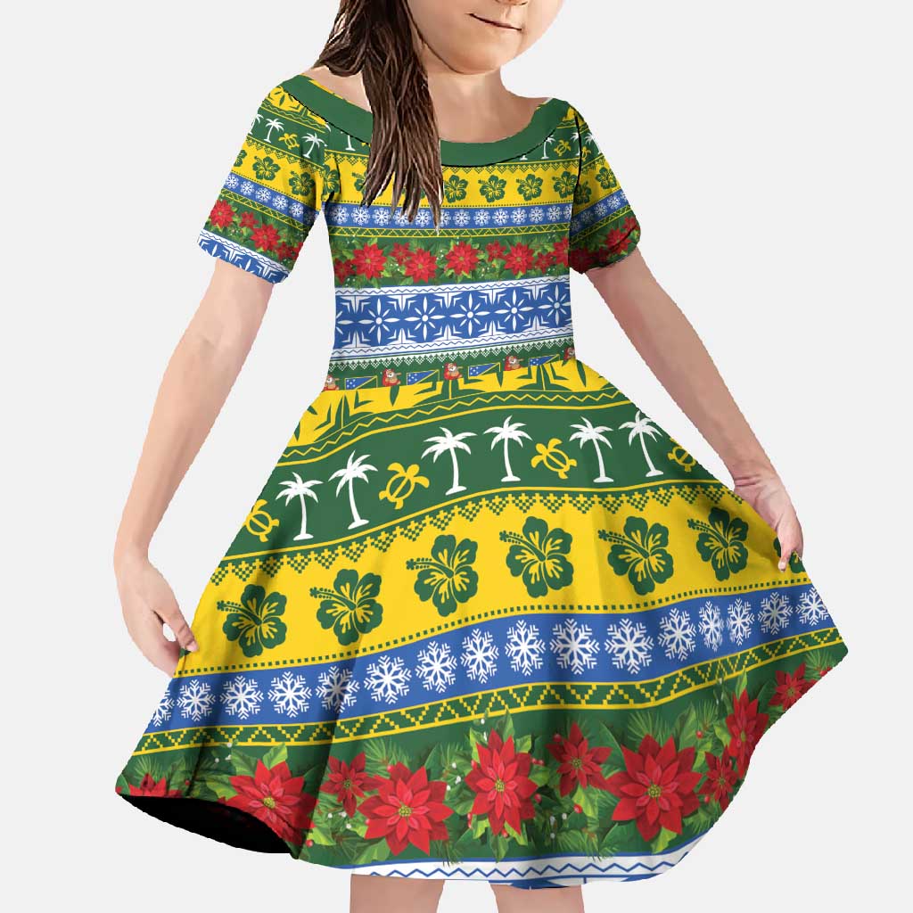 Solomon Islands Christmas Family Matching Off Shoulder Maxi Dress and Hawaiian Shirt The Solomons Melanesian Meri Krismas LT14 Daughter's Dress Green - Polynesian Pride
