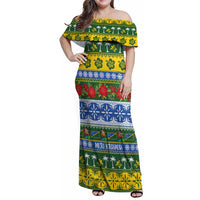 Solomon Islands Christmas Family Matching Off Shoulder Maxi Dress and Hawaiian Shirt The Solomons Melanesian Meri Krismas LT14 Mom's Dress Green - Polynesian Pride