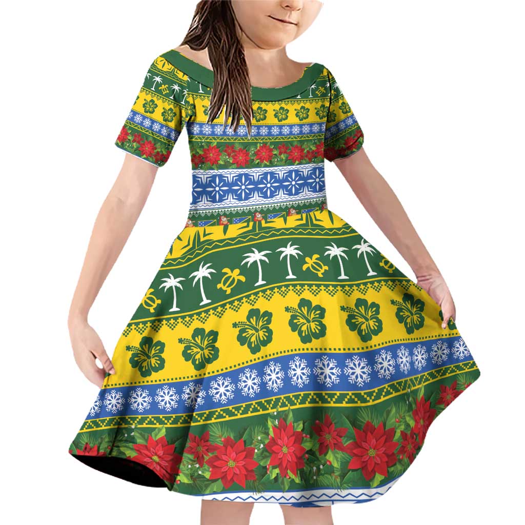 Solomon Islands Christmas Family Matching Off Shoulder Short Dress and Hawaiian Shirt The Solomons Melanesian Meri Krismas LT14 Daughter's Dress Green - Polynesian Pride