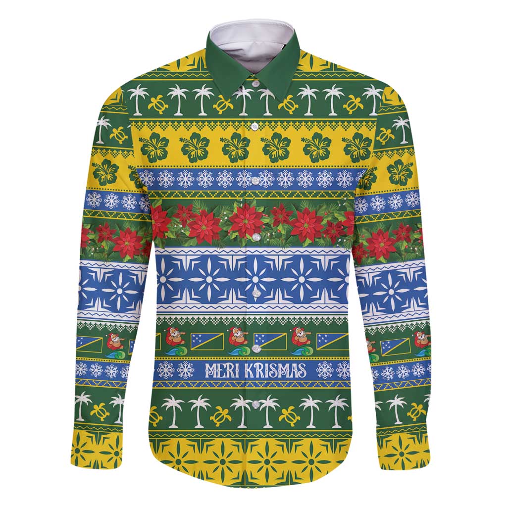 Solomon Islands Christmas Family Matching Off Shoulder Short Dress and Hawaiian Shirt The Solomons Melanesian Meri Krismas LT14 Dad's Shirt - Long Sleeve Green - Polynesian Pride