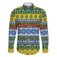 Solomon Islands Christmas Family Matching Off Shoulder Short Dress and Hawaiian Shirt The Solomons Melanesian Meri Krismas LT14 Dad's Shirt - Long Sleeve Green - Polynesian Pride