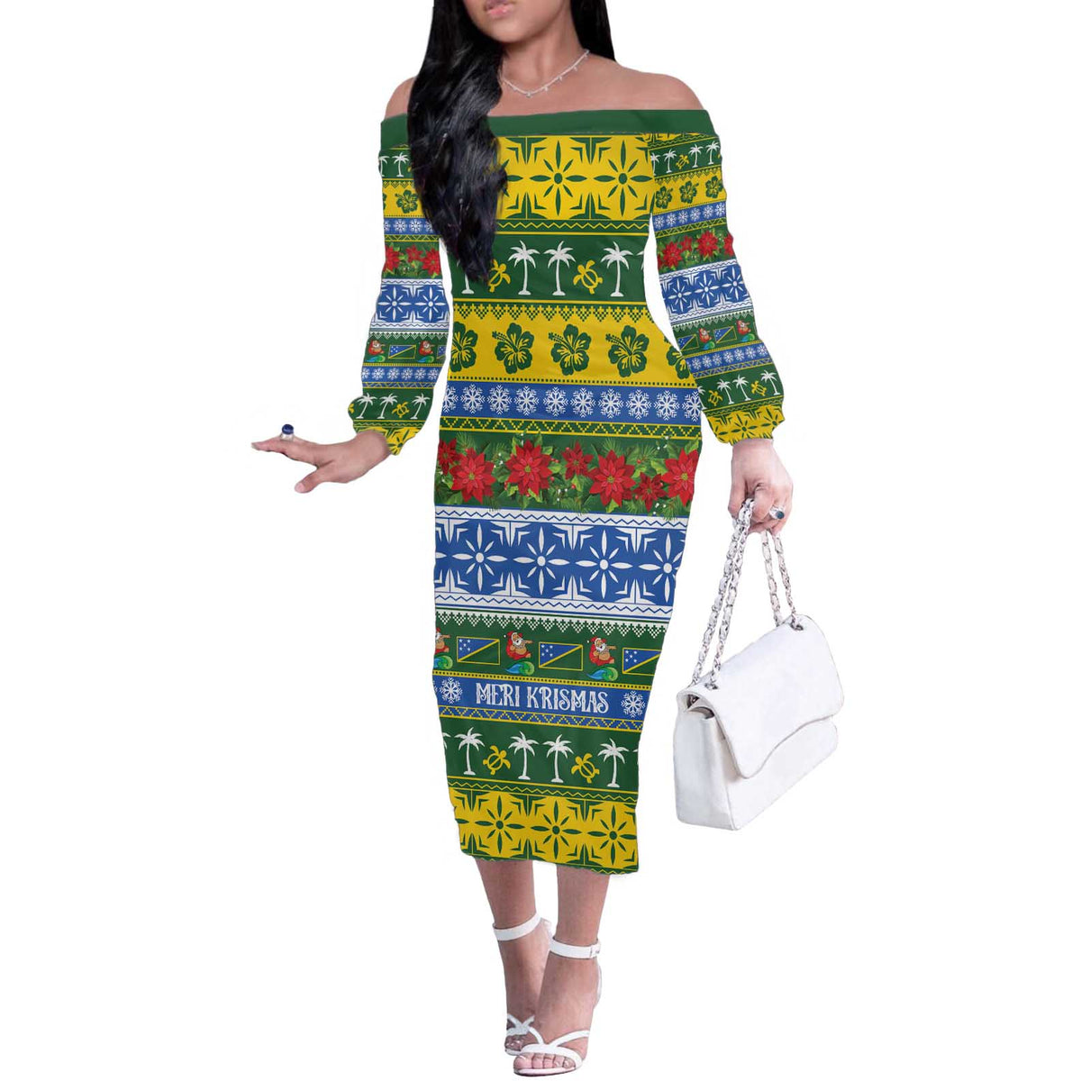 Solomon Islands Christmas Off The Shoulder Long Sleeve Dress The Solomons Melanesian Meri Krismas LT14 Women Green - Polynesian Pride