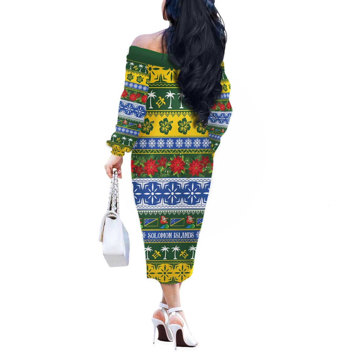 Solomon Islands Christmas Off The Shoulder Long Sleeve Dress The Solomons Melanesian Meri Krismas LT14 - Polynesian Pride