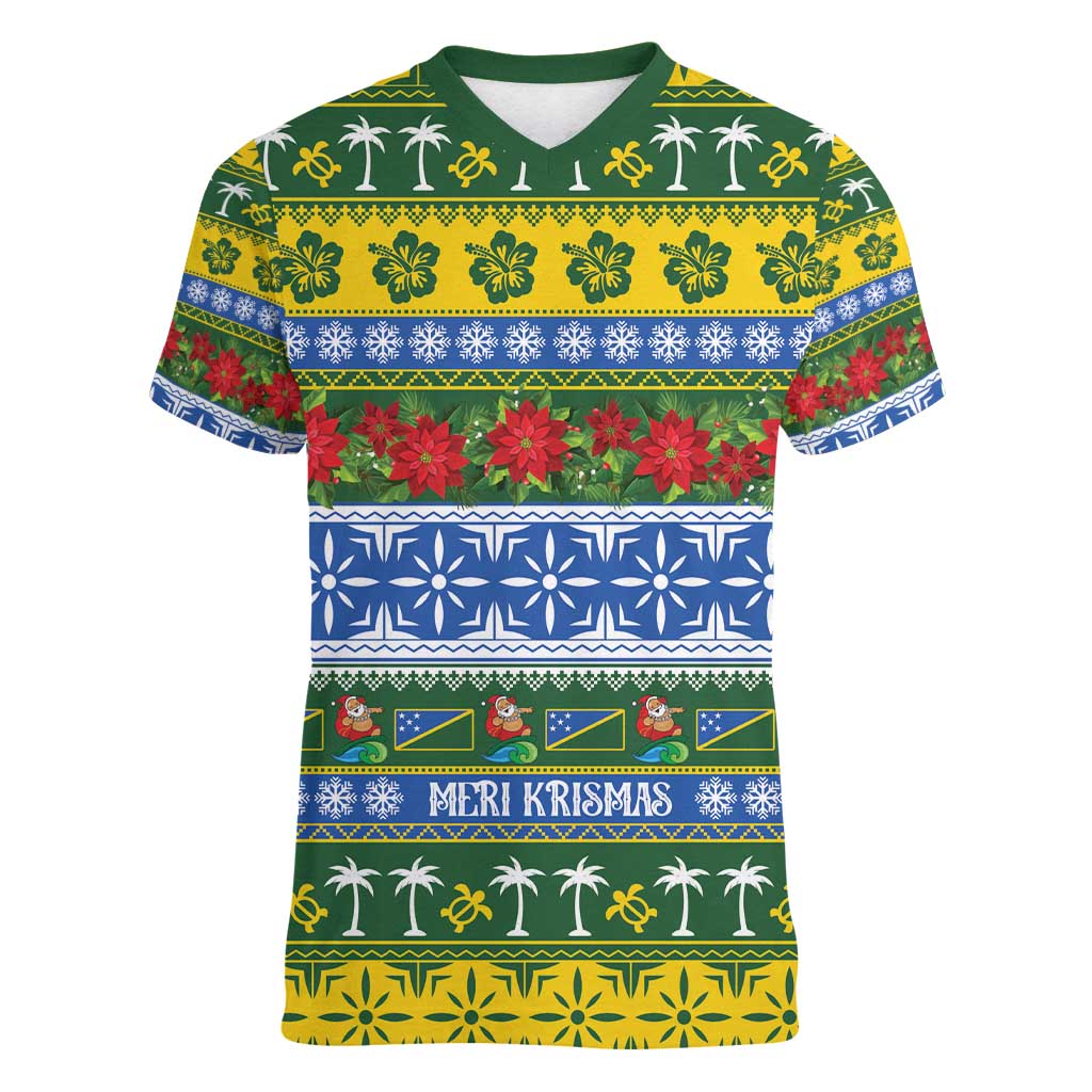 Solomon Islands Christmas Women V-Neck T-Shirt The Solomons Melanesian Meri Krismas LT14 Female Green - Polynesian Pride