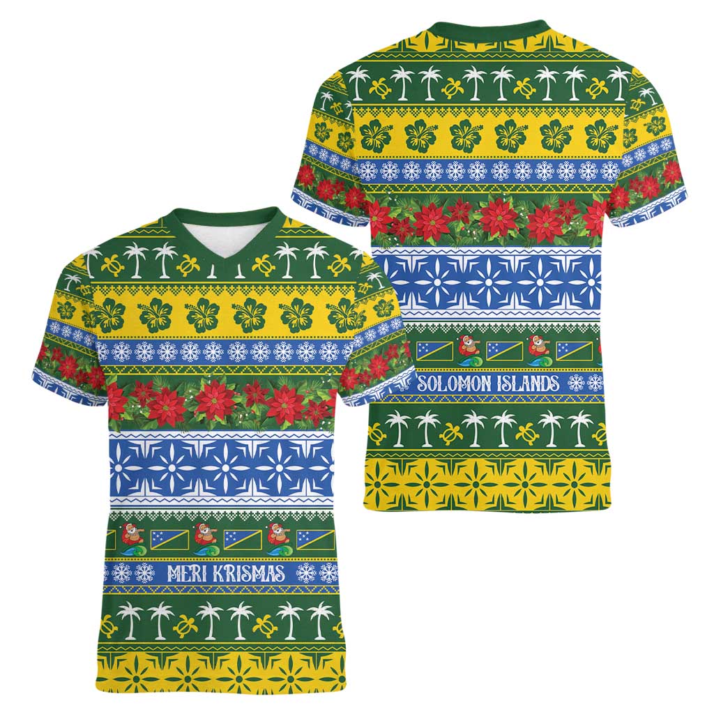 Solomon Islands Christmas Women V-Neck T-Shirt The Solomons Melanesian Meri Krismas LT14 - Polynesian Pride