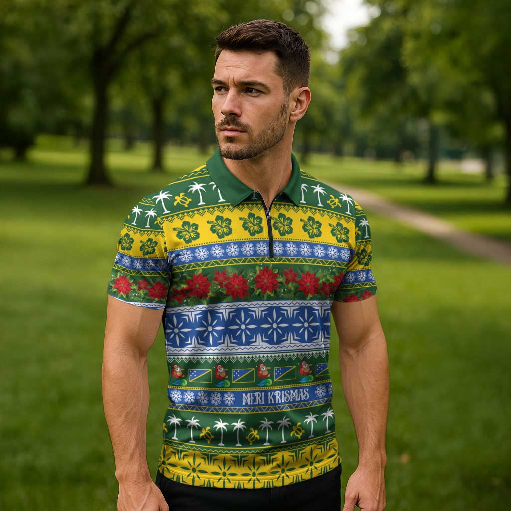 Solomon Islands Christmas Zipper Polo Shirt The Solomons Melanesian Meri Krismas LT14 - Polynesian Pride