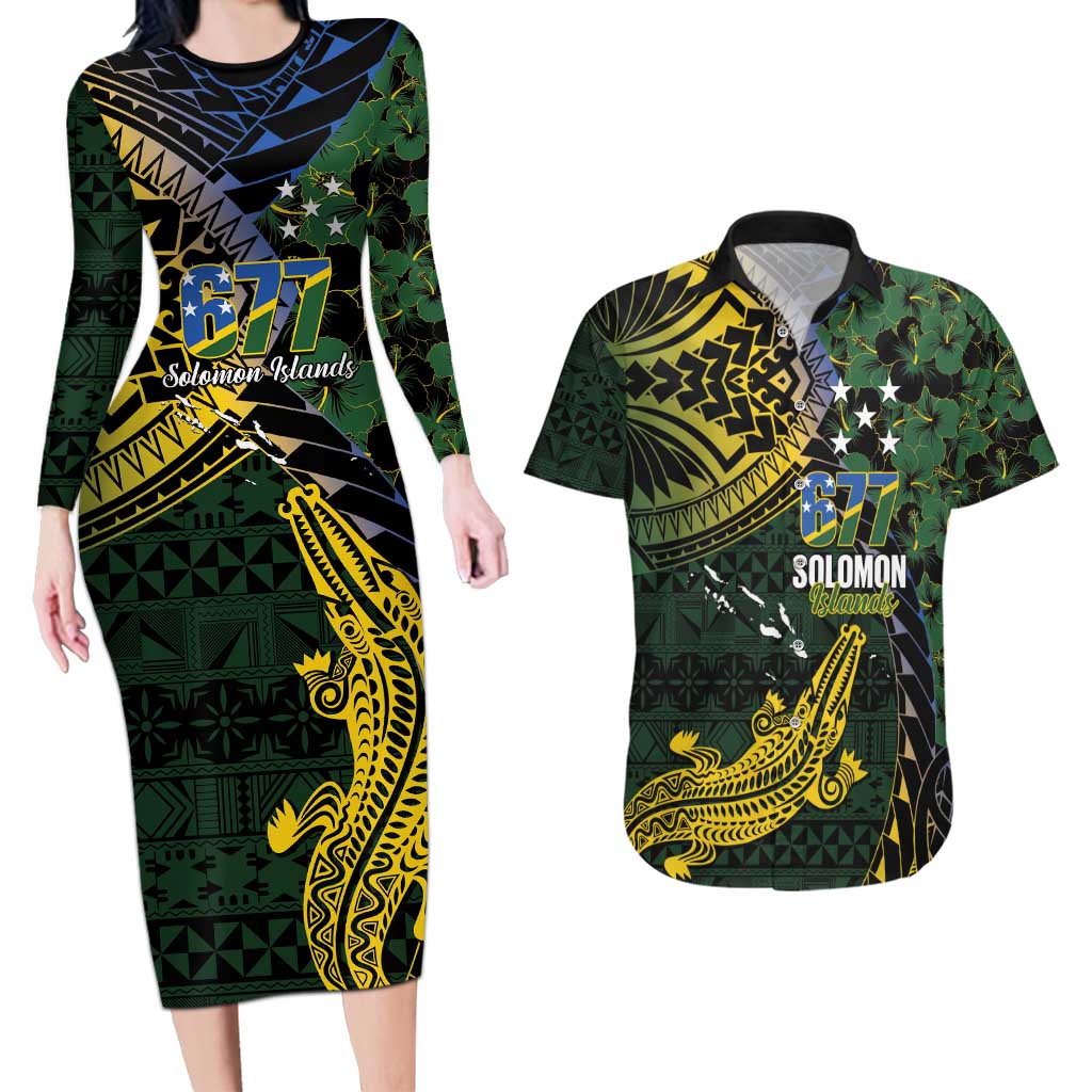 Solomon Islands Couples Matching Long Sleeve Bodycon Dress and Hawaiian Shirt 677 Proud Crocodile Melanesian Pattern LT14 Black - Polynesian Pride