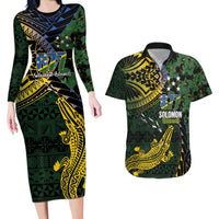 Solomon Islands Couples Matching Long Sleeve Bodycon Dress and Hawaiian Shirt 677 Proud Crocodile Melanesian Pattern LT14 Black - Polynesian Pride
