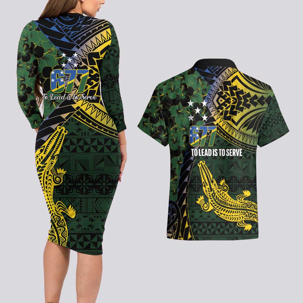 Solomon Islands Couples Matching Long Sleeve Bodycon Dress and Hawaiian Shirt 677 Proud Crocodile Melanesian Pattern LT14 - Polynesian Pride