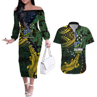 Solomon Islands Couples Matching Off The Shoulder Long Sleeve Dress and Hawaiian Shirt 677 Proud Crocodile Melanesian Pattern LT14 Black - Polynesian Pride