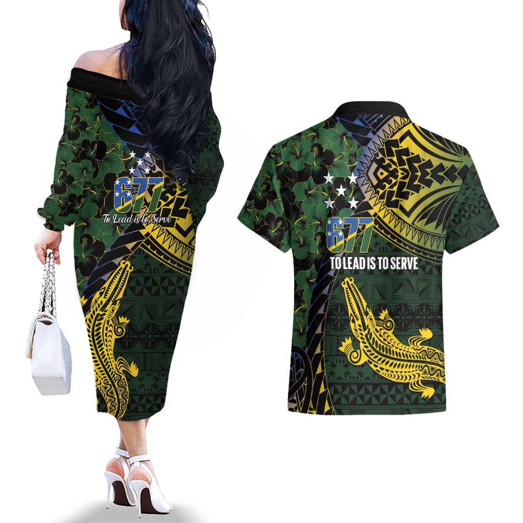 Solomon Islands Couples Matching Off The Shoulder Long Sleeve Dress and Hawaiian Shirt 677 Proud Crocodile Melanesian Pattern LT14 - Polynesian Pride
