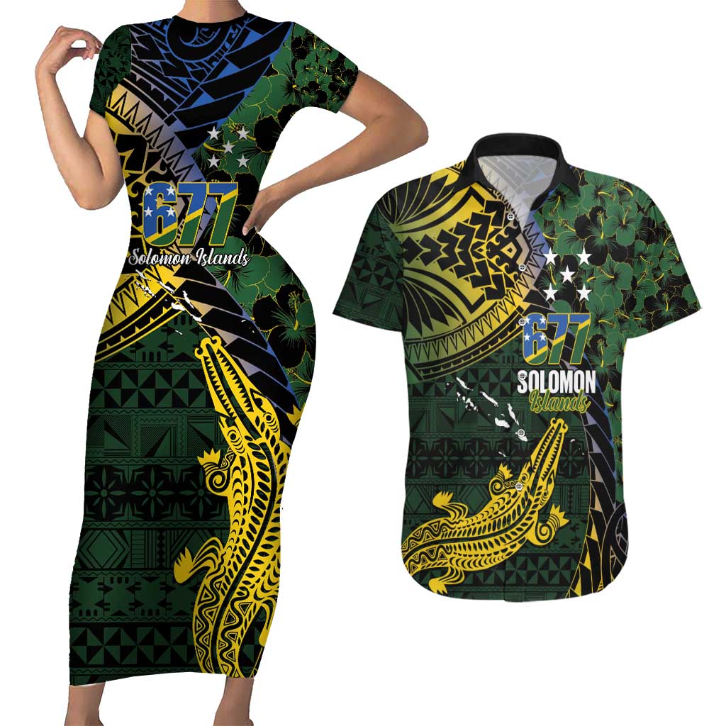 Solomon Islands Couples Matching Short Sleeve Bodycon Dress and Hawaiian Shirt 677 Proud Crocodile Melanesian Pattern LT14 Black - Polynesian Pride