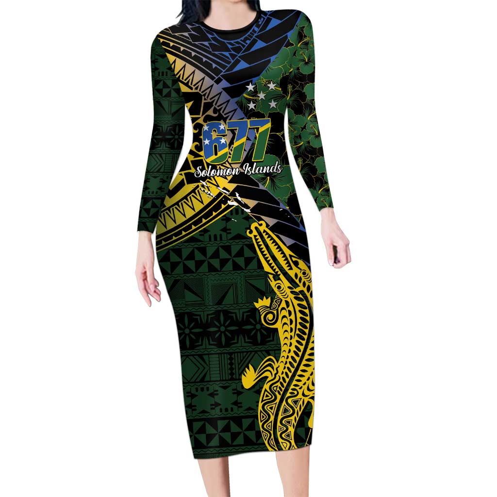 Solomon Islands Family Matching Long Sleeve Bodycon Dress and Hawaiian Shirt 677 Proud Crocodile Melanesian Pattern LT14 Mom's Dress Black - Polynesian Pride