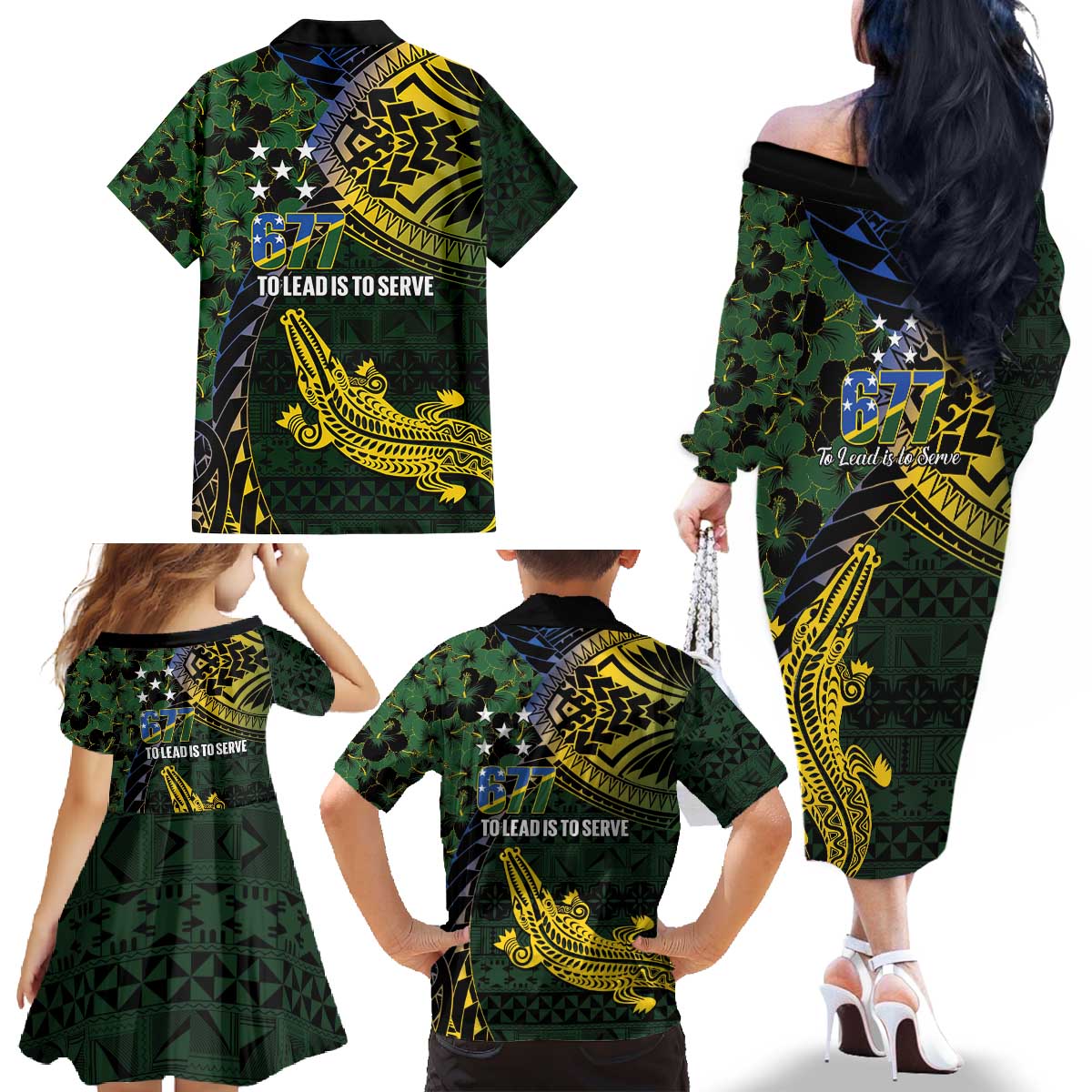 Solomon Islands Family Matching Off The Shoulder Long Sleeve Dress and Hawaiian Shirt 677 Proud Crocodile Melanesian Pattern LT14 - Polynesian Pride
