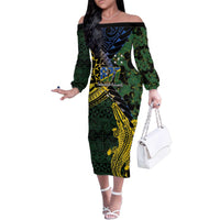 Solomon Islands Family Matching Off The Shoulder Long Sleeve Dress and Hawaiian Shirt 677 Proud Crocodile Melanesian Pattern LT14 Mom's Dress Black - Polynesian Pride