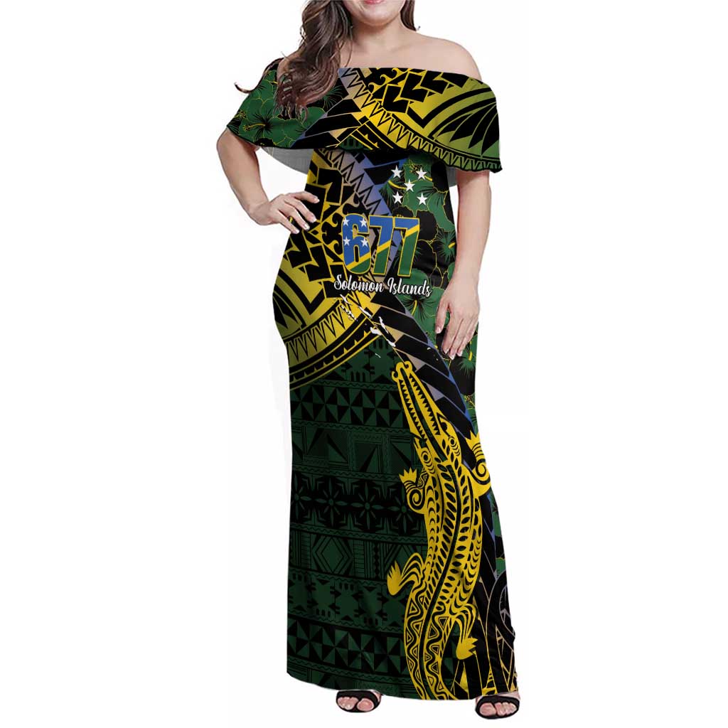 Solomon Islands Family Matching Off Shoulder Maxi Dress and Hawaiian Shirt 677 Proud Crocodile Melanesian Pattern LT14 Mom's Dress Black - Polynesian Pride
