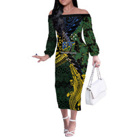 Solomon Islands Off The Shoulder Long Sleeve Dress 677 Proud Crocodile Melanesian Pattern - Polynesian Pride