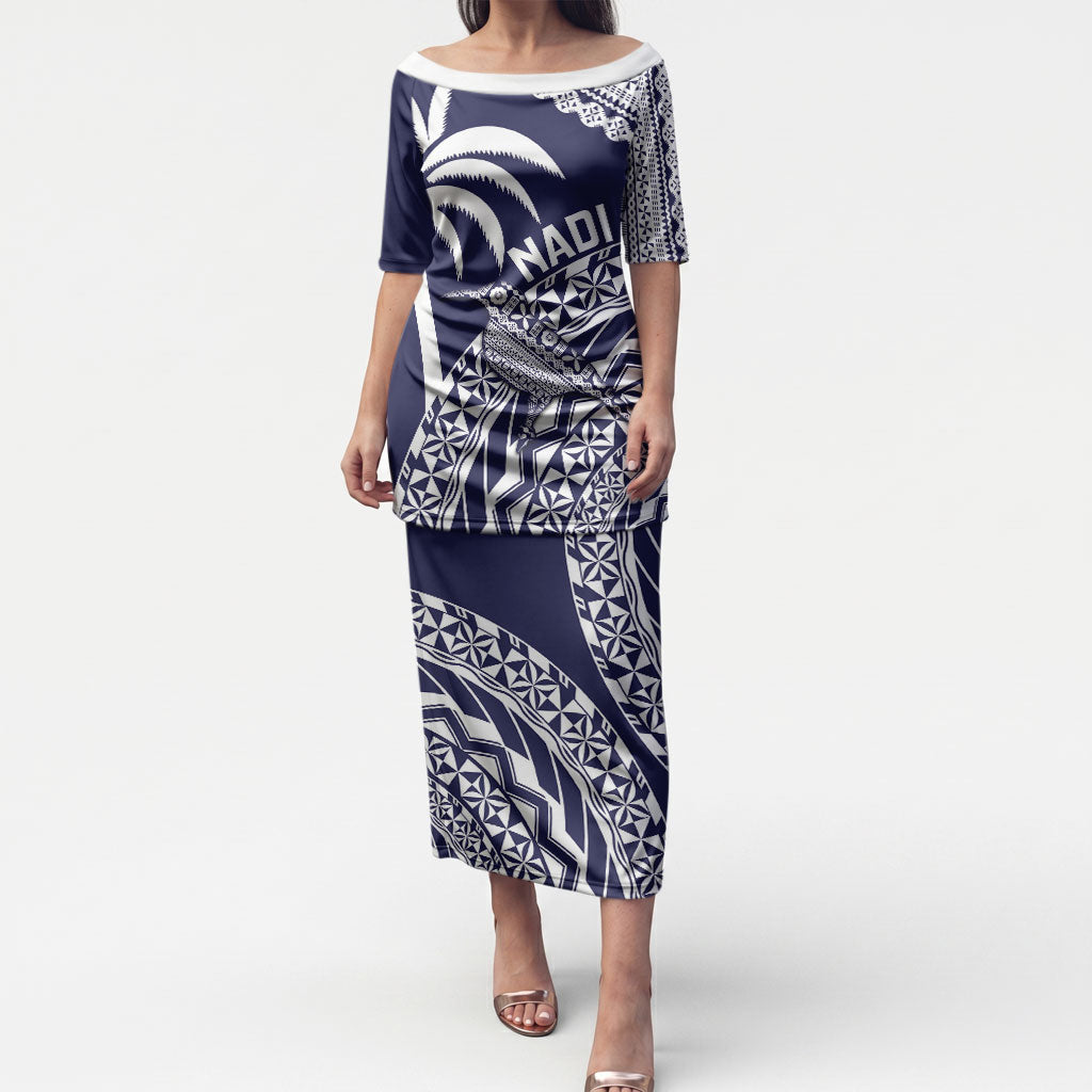 Nadi Fiji 2026 Rugby Custom Puletasi Kikau Fijian Tapa Pattern LT14 Long Dress Navy Blue - Polynesian Pride