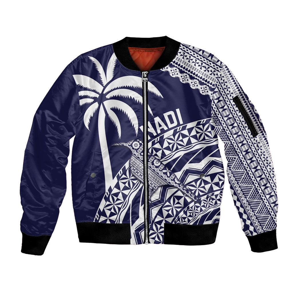 Nadi Fiji 2026 Rugby Custom Sleeve Zip Bomber Jacket Kikau Fijian Tapa Pattern LT14 Unisex Navy Blue - Polynesian Pride