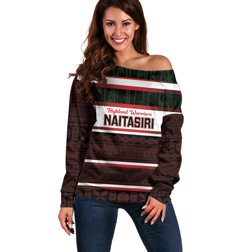 Naitasiri Fiji 2026 Rugby Custom Off Shoulder Sweater Highland Warriors Fijian Tapa Pattern LT14 Women Black - Polynesian Pride