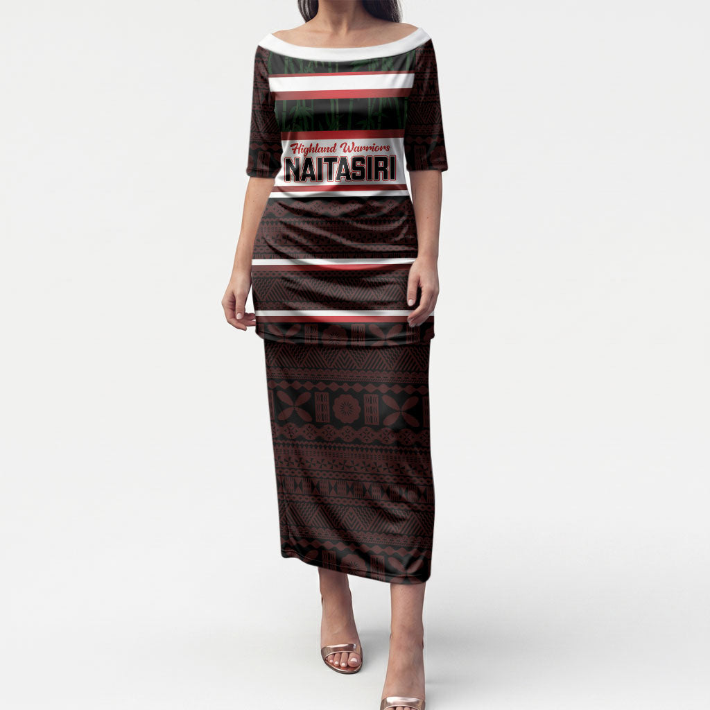 Naitasiri Fiji 2026 Rugby Custom Puletasi Highland Warriors Fijian Tapa Pattern LT14 Long Dress Black - Polynesian Pride