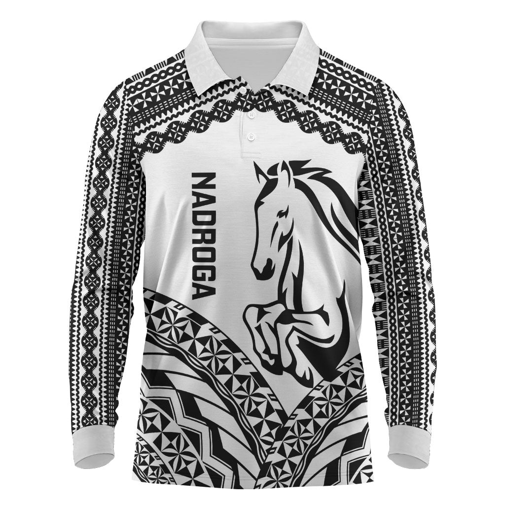 Nadroga Fiji 2026 Rugby Custom Long Sleeve Polo Shirt Stallion Fijian Tapa Pattern LT14 White - Polynesian Pride