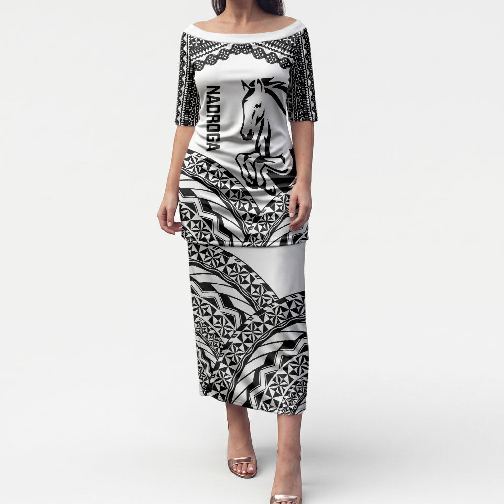 Nadroga Fiji 2026 Rugby Custom Puletasi Stallion Fijian Tapa Pattern LT14 Long Dress White - Polynesian Pride