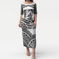 Nadroga Fiji 2026 Rugby Custom Puletasi Stallion Fijian Tapa Pattern LT14 Long Dress White - Polynesian Pride