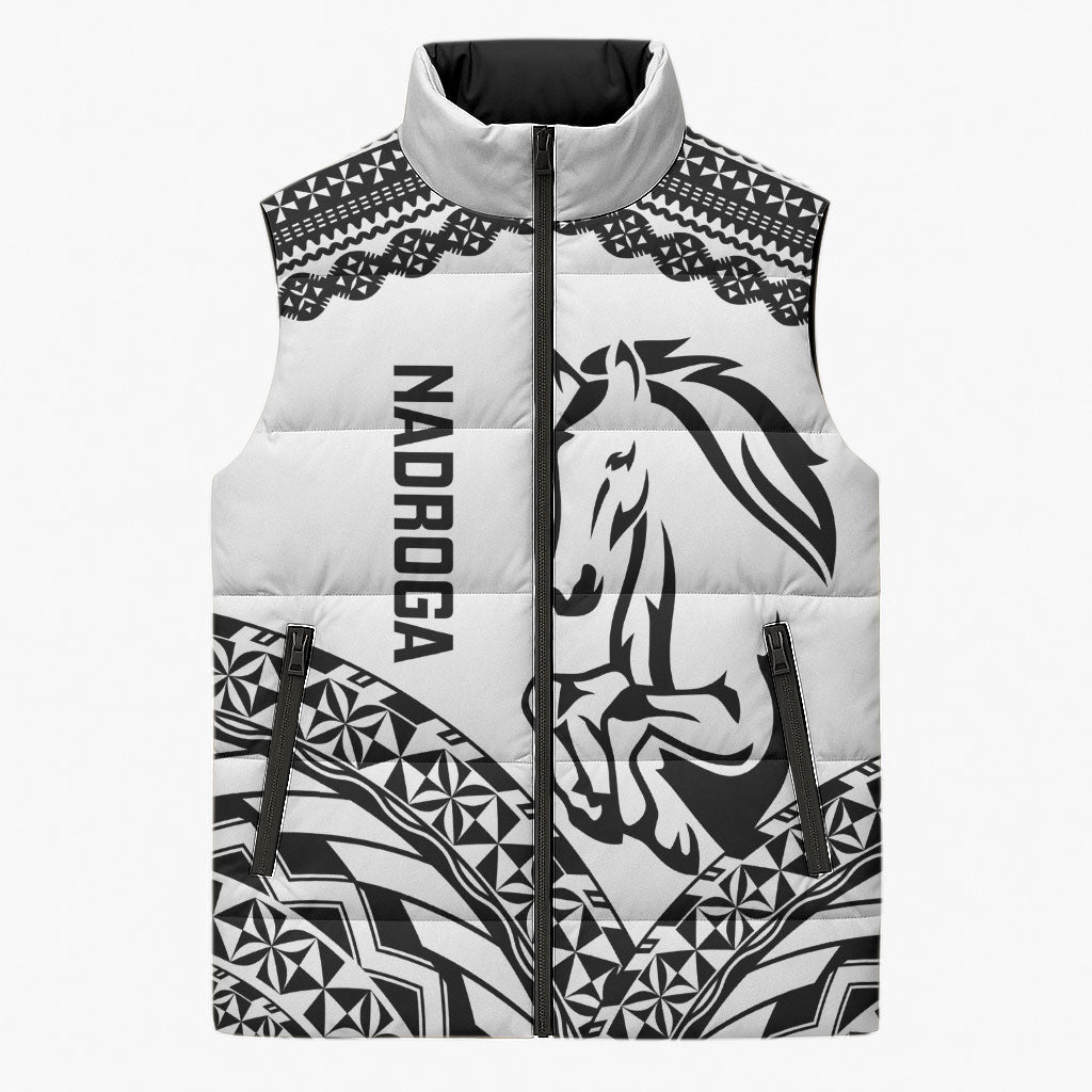 Nadroga Fiji 2026 Rugby Custom Sleeveless Puffer Jacket Stallion Fijian Tapa Pattern LT14 Unisex White - Polynesian Pride