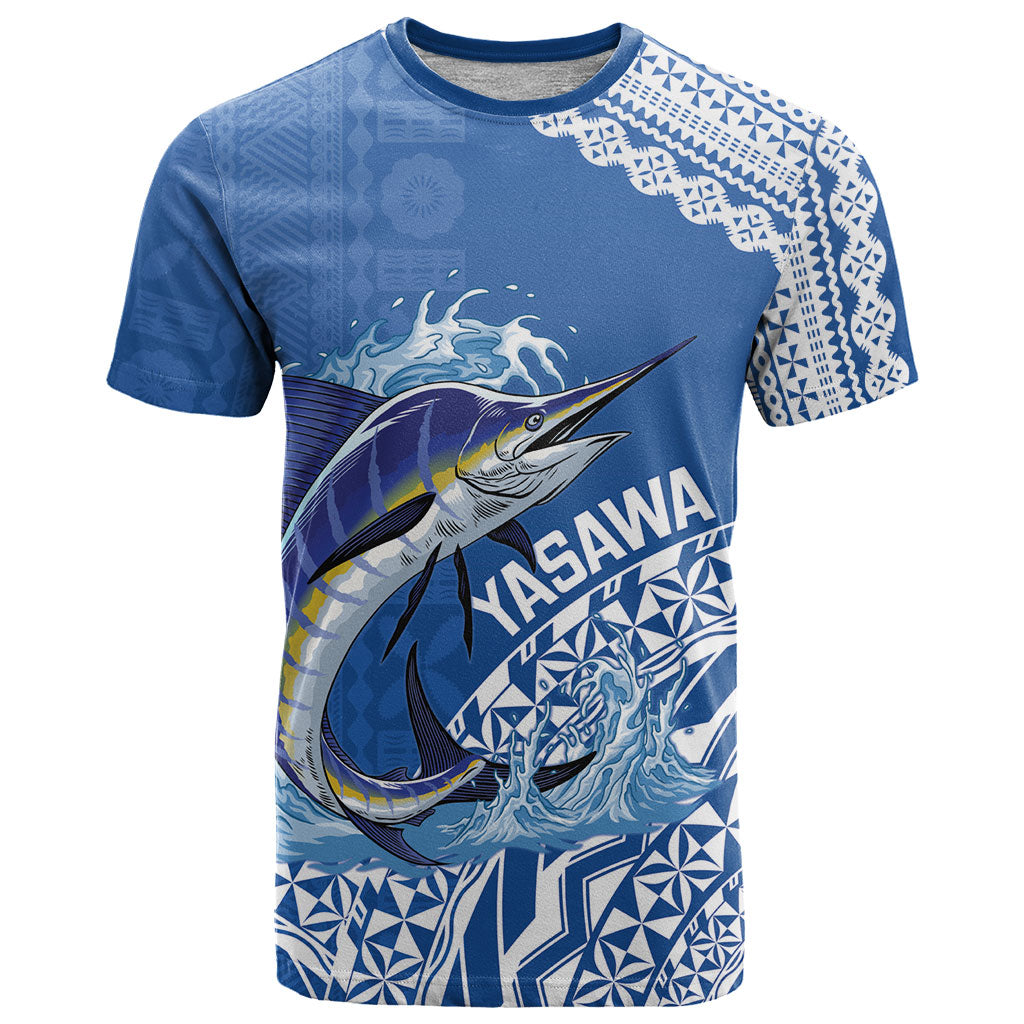 Yasawa Fiji 2026 Rugby Custom T Shirt Marlin Fijian Tapa Pattern LT14 Blue - Polynesian Pride