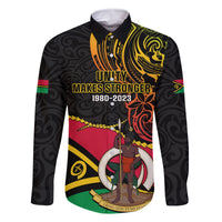 Personalised Vanuatu Unity Day Family Matching Off Shoulder Long Sleeve Dress and Hawaiian Shirt 29 November Coat Of Arms With Flag Style LT14 Dad's Shirt - Long Sleeve Black - Polynesian Pride