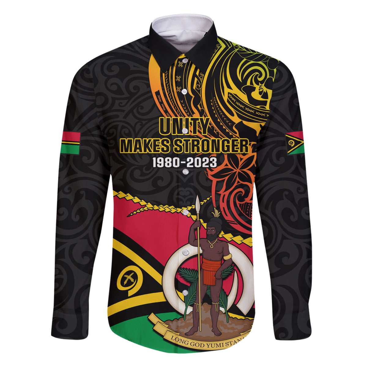 Personalised Vanuatu Unity Day Family Matching Off Shoulder Short Dress and Hawaiian Shirt 29 November Coat Of Arms With Flag Style LT14 Dad's Shirt - Long Sleeve Black - Polynesian Pride