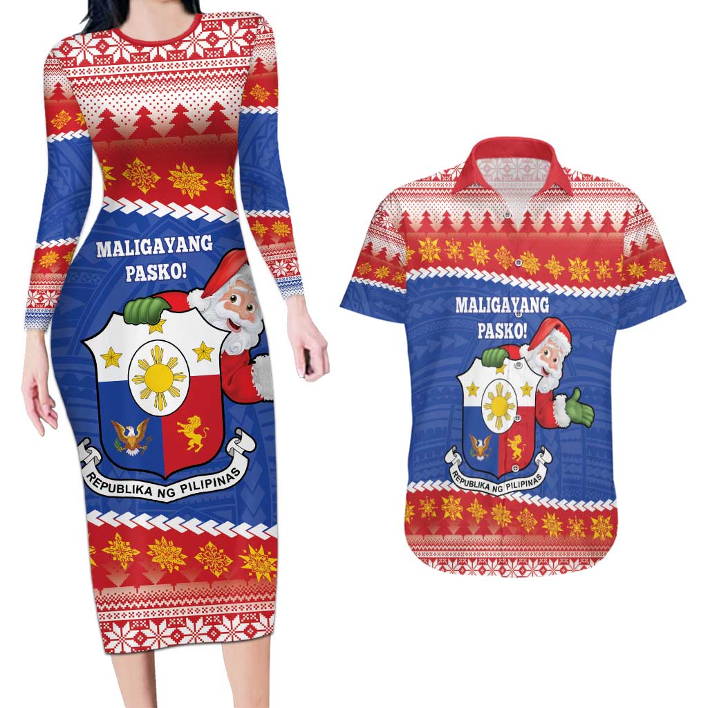 Personalized The Philippines Christmas Couples Matching Long Sleeve Bodycon Dress and Hawaiian Shirt Pilipinas Parol - Maligayang Pasko! LT14 Blue - Polynesian Pride