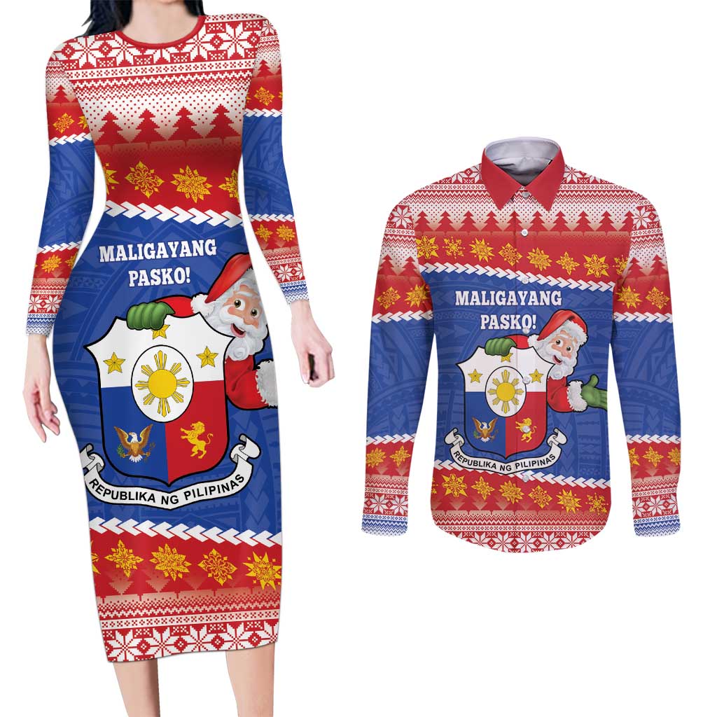 Personalized The Philippines Christmas Couples Matching Long Sleeve Bodycon Dress and Long Sleeve Button Shirt Pilipinas Parol - Maligayang Pasko! LT14 Blue - Polynesian Pride