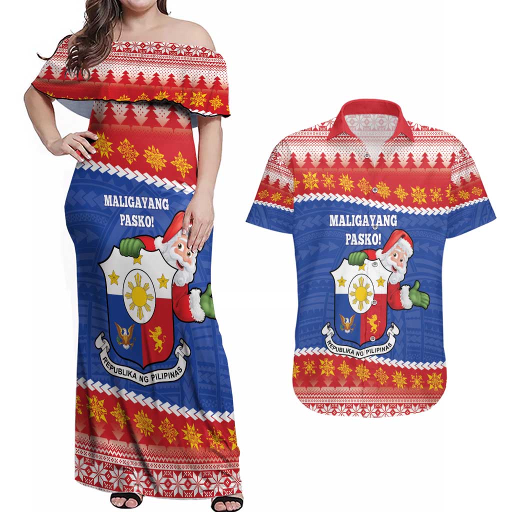 Personalized The Philippines Christmas Couples Matching Off Shoulder Maxi Dress and Hawaiian Shirt Pilipinas Parol - Maligayang Pasko! LT14 Blue - Polynesian Pride