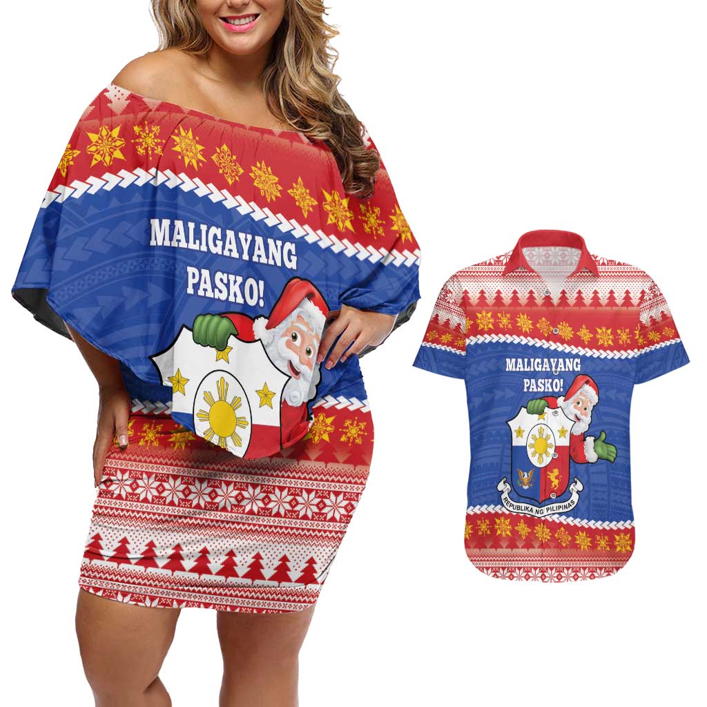 Personalized The Philippines Christmas Couples Matching Off Shoulder Short Dress and Hawaiian Shirt Pilipinas Parol - Maligayang Pasko! LT14 Blue - Polynesian Pride